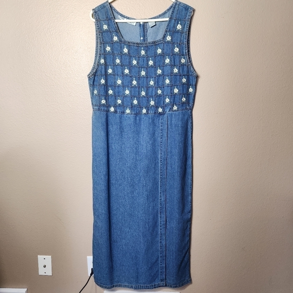 Jane Ashley VTG Floral Embroidered Denim Pinafore Overall Maxi Dress-Size M